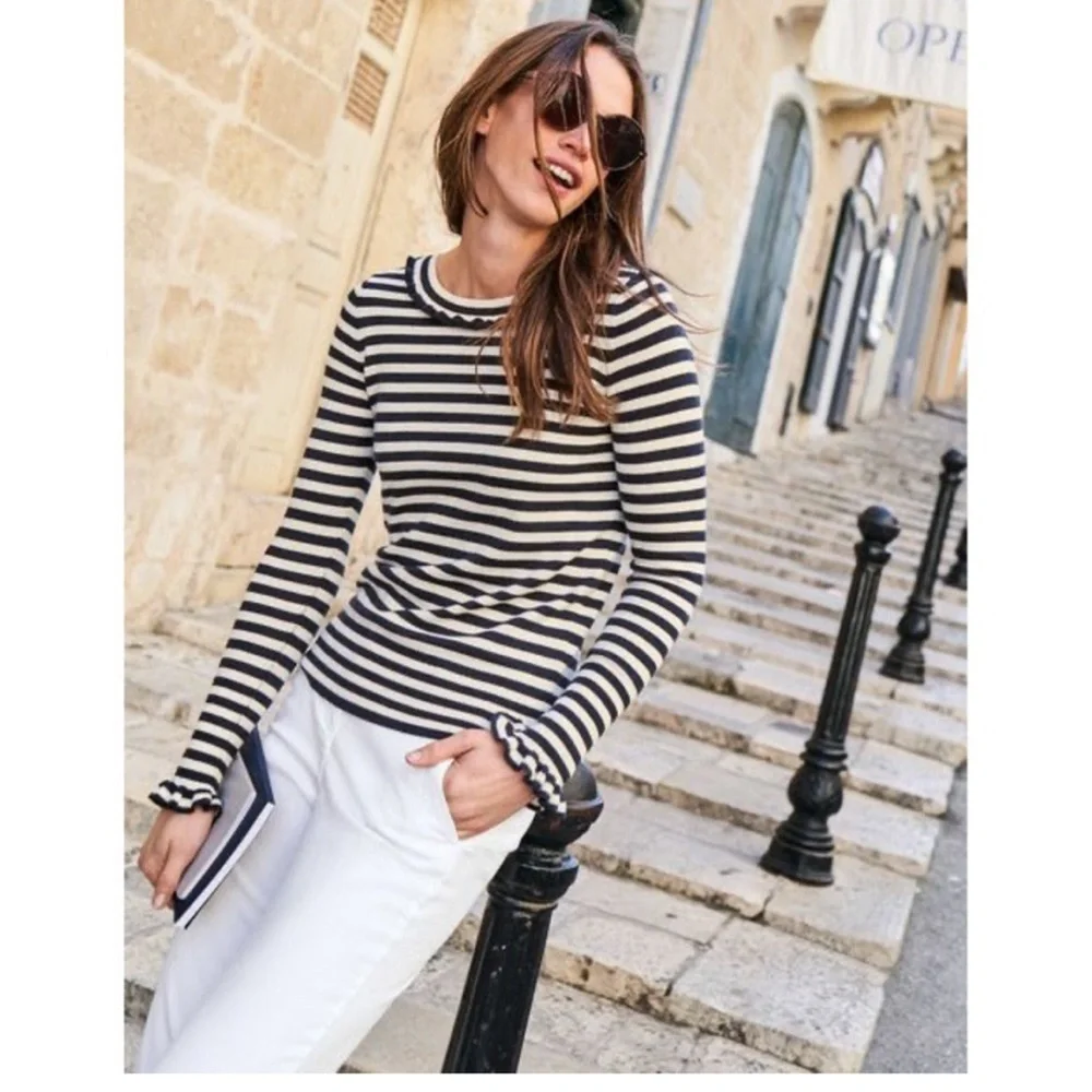 Boden Bernadette Striped Ruffle Trim Wool Bend Crew Neck Sweater